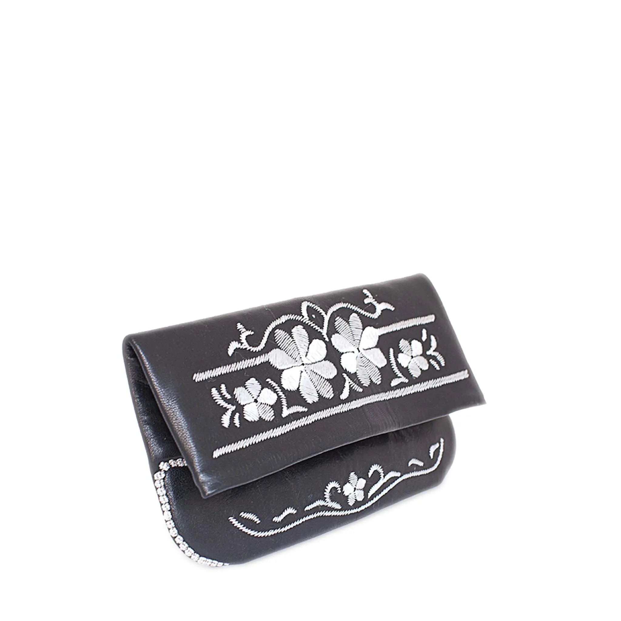 Floral Evening Clutch Bag in Black, Silver