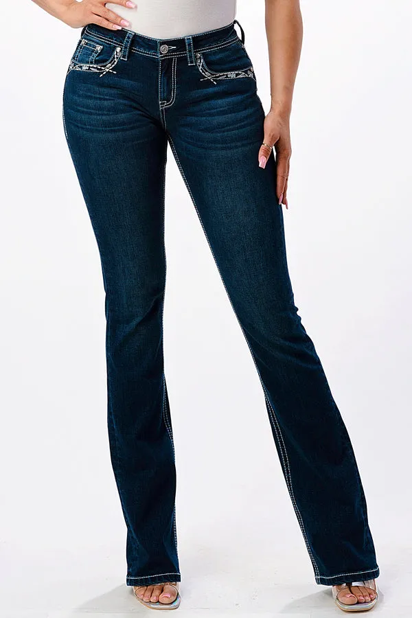 Flu De Lee Details Mid Rise Bootcut Jeans