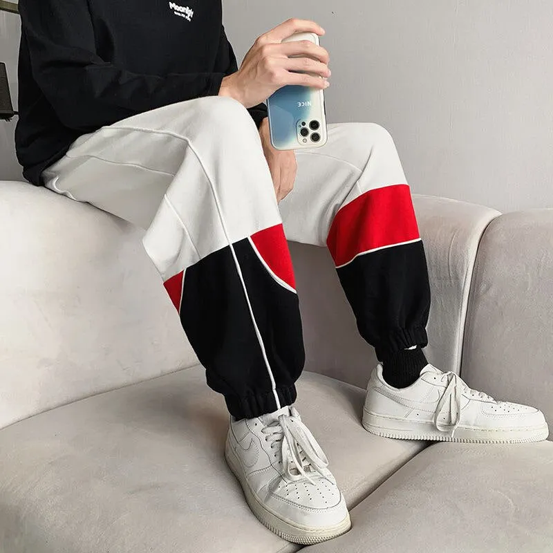 Foesce -Men's Fashion Trend Casual Pants Large Legged Splice Color Trousers Homme White/black Color Joggers Sweatpants Size M-5XL