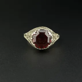 Garnet 14K White Gold Filigree Edwardian Ring, Sz 9.5