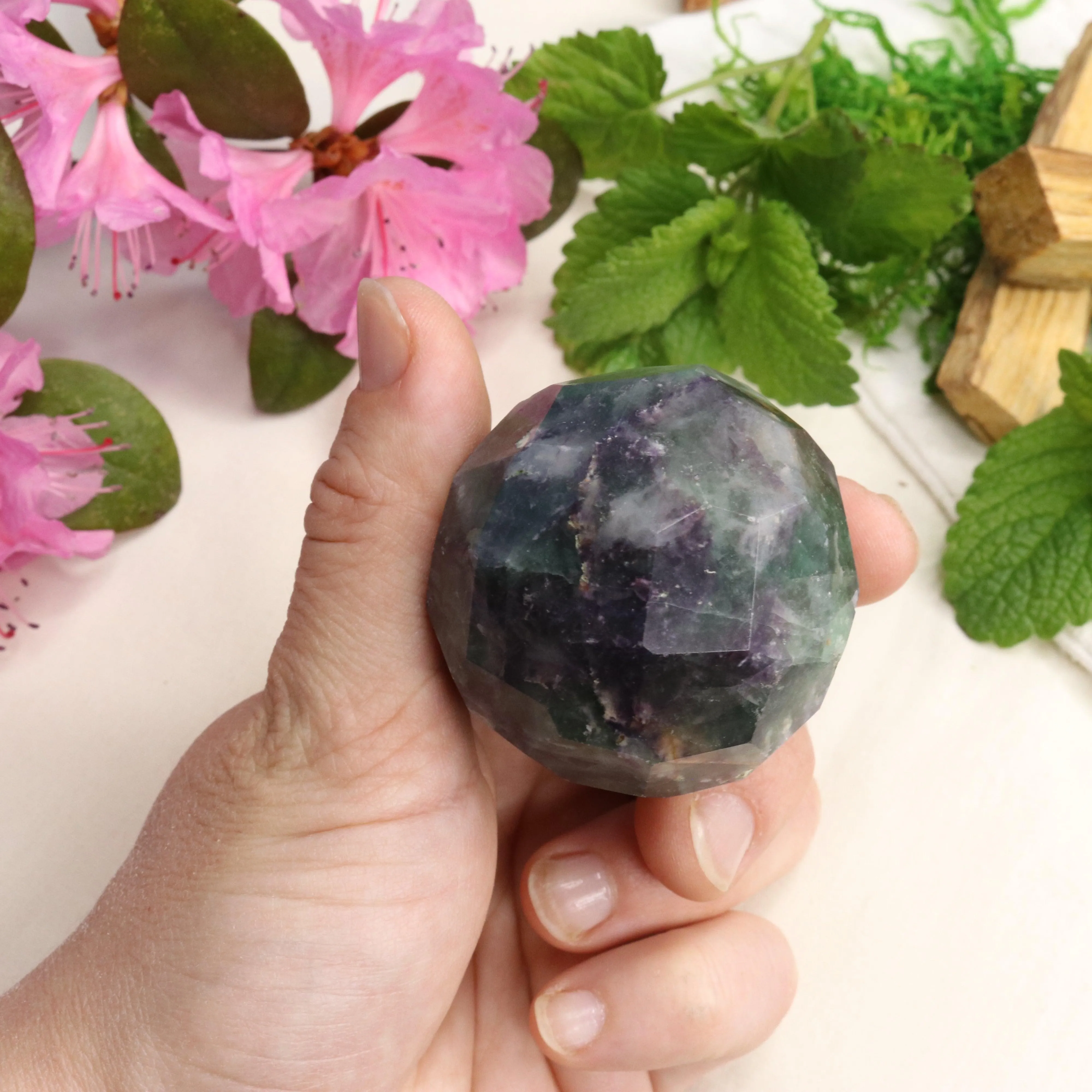 Green and Purple Fluorite ~Faceted Sphere Carving with Rainbow Energy