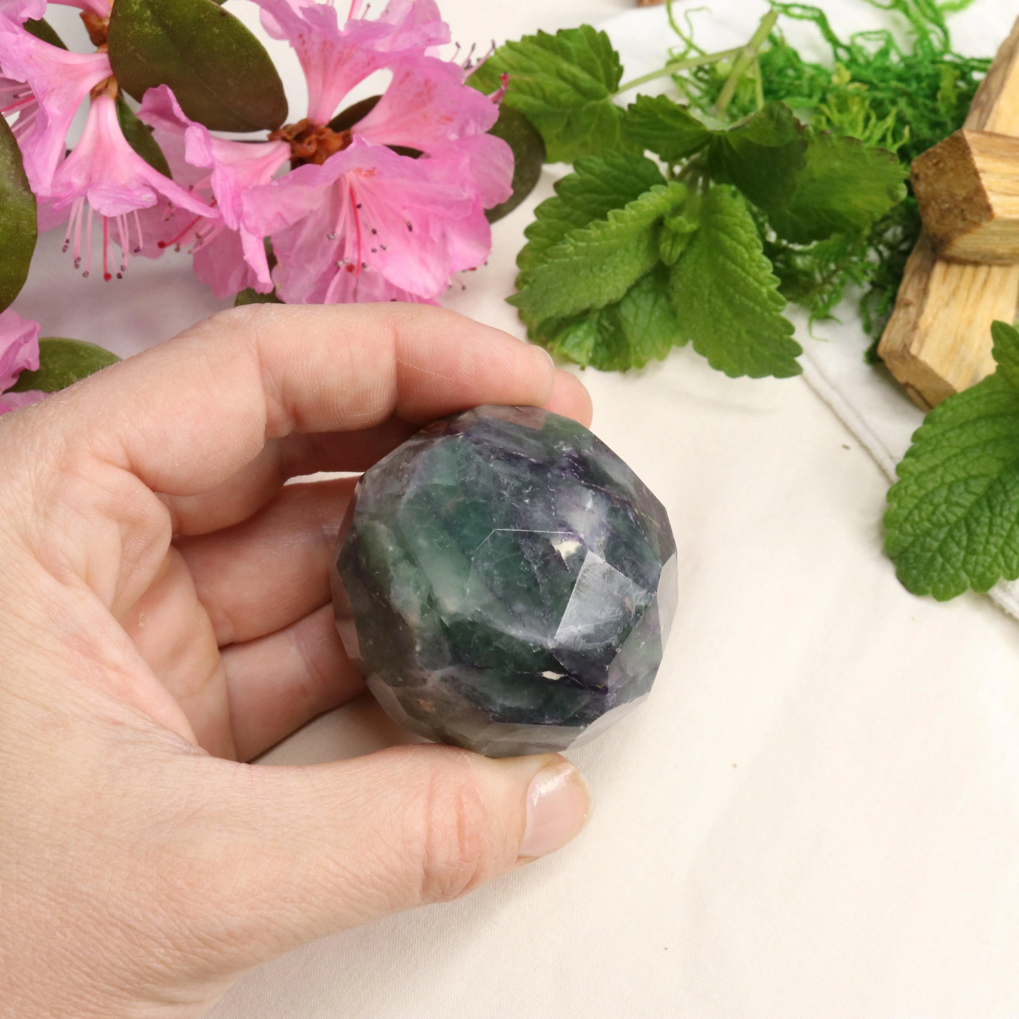 Green and Purple Fluorite ~Faceted Sphere Carving with Rainbow Energy