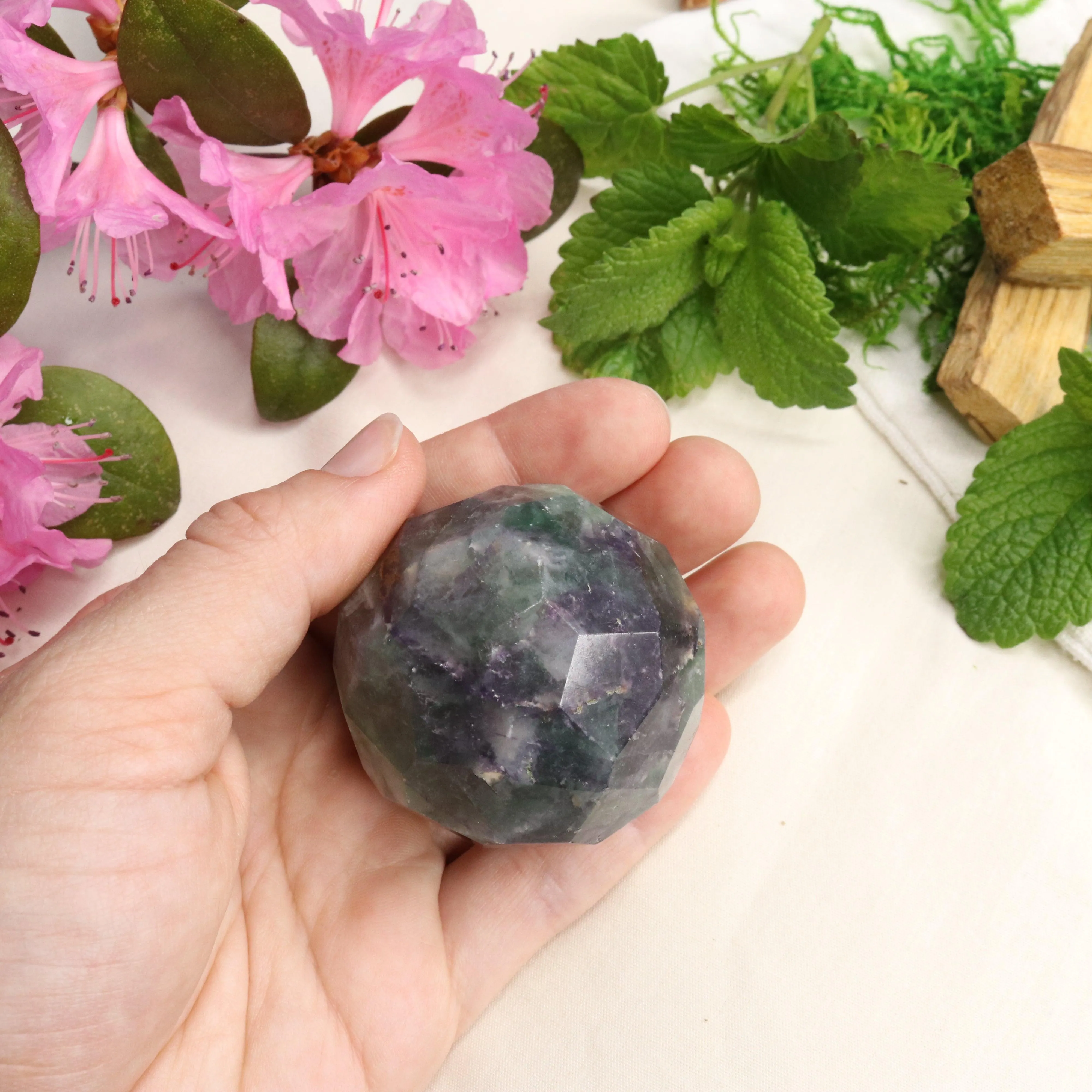 Green and Purple Fluorite ~Faceted Sphere Carving with Rainbow Energy