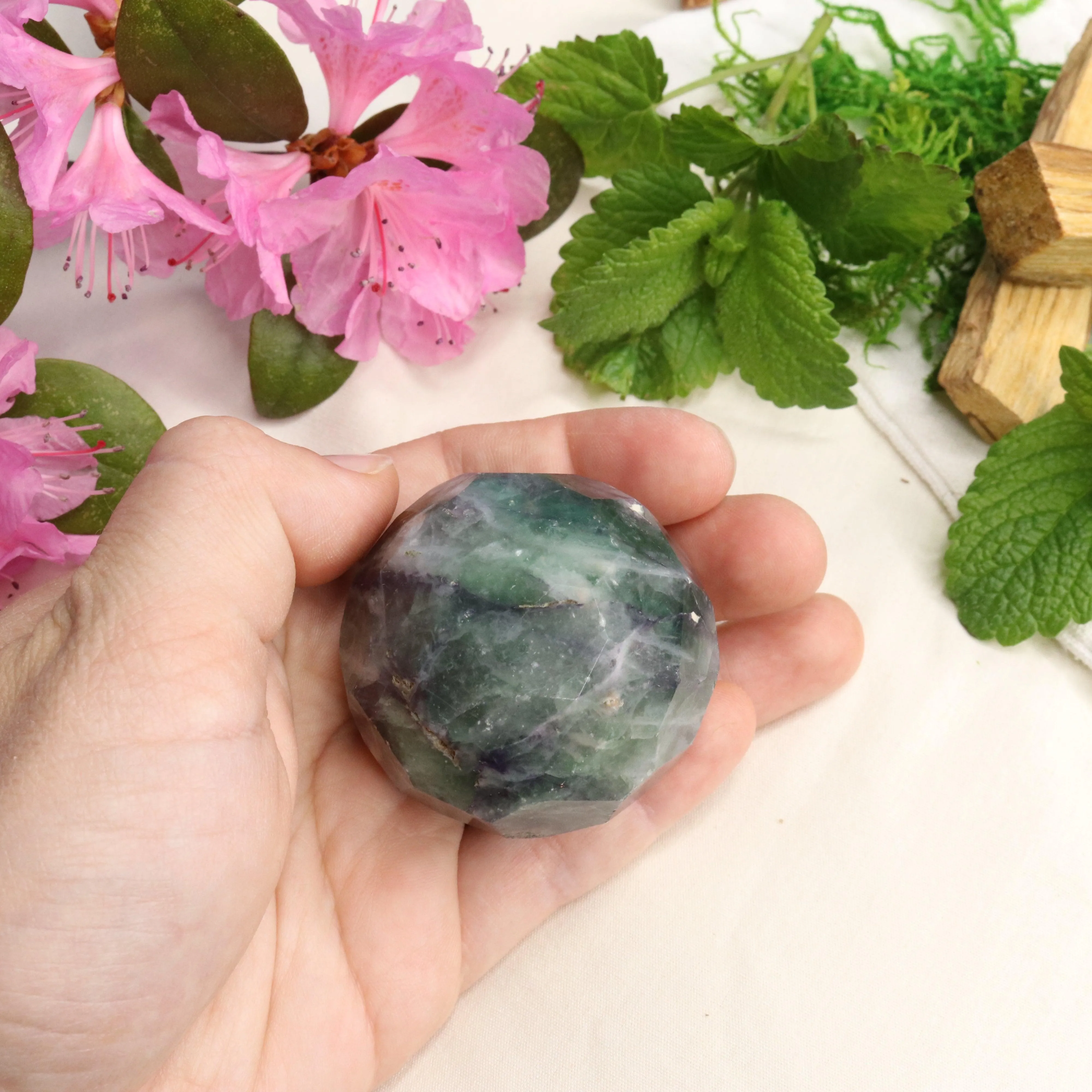 Green and Purple Fluorite ~Faceted Sphere Carving with Rainbow Energy