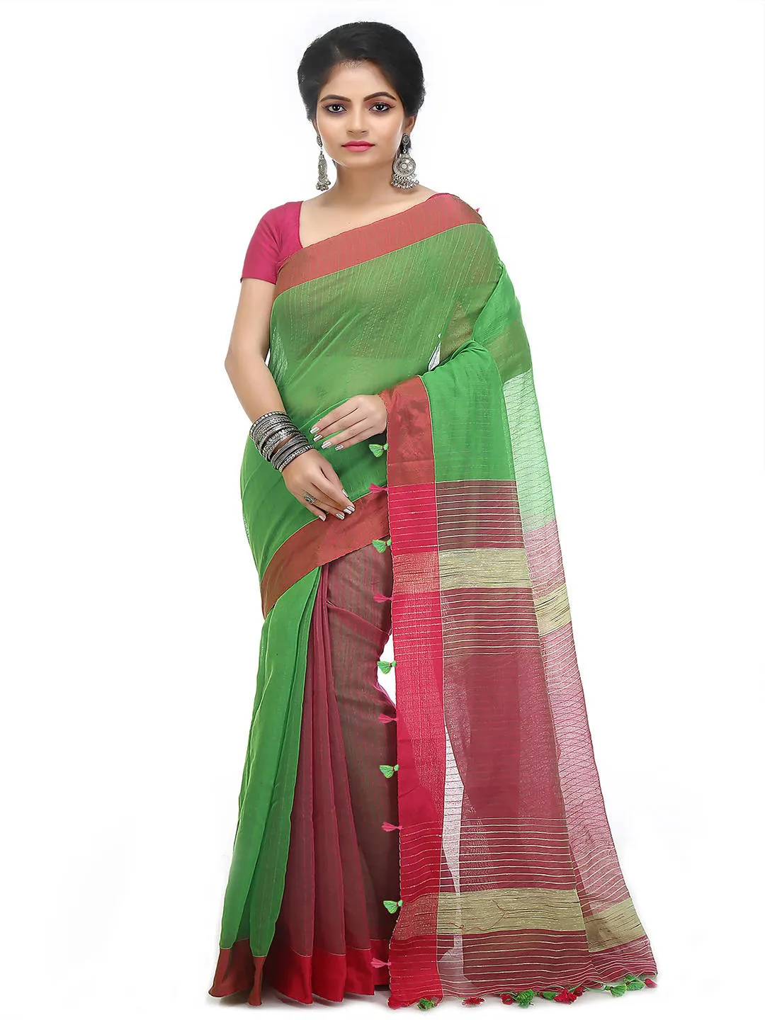 Green red bengal handloom cotton blend saree