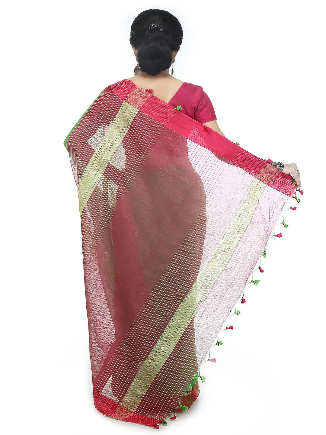 Green red bengal handloom cotton blend saree