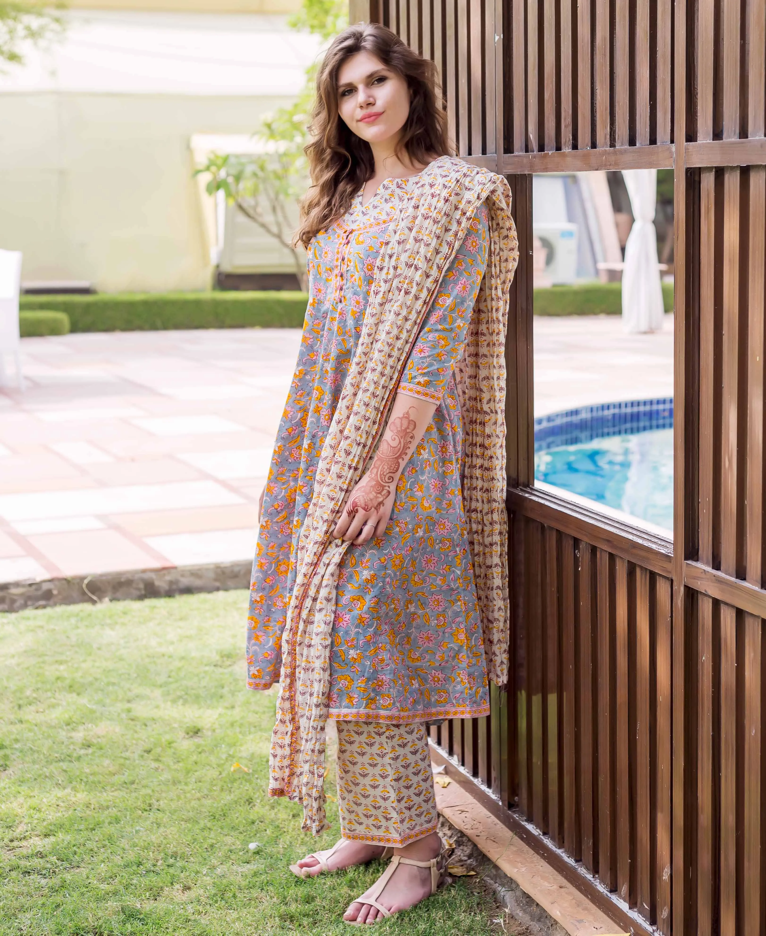 Grey A Cut Block Printed Kurta