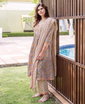 Grey A Cut Block Printed Kurta