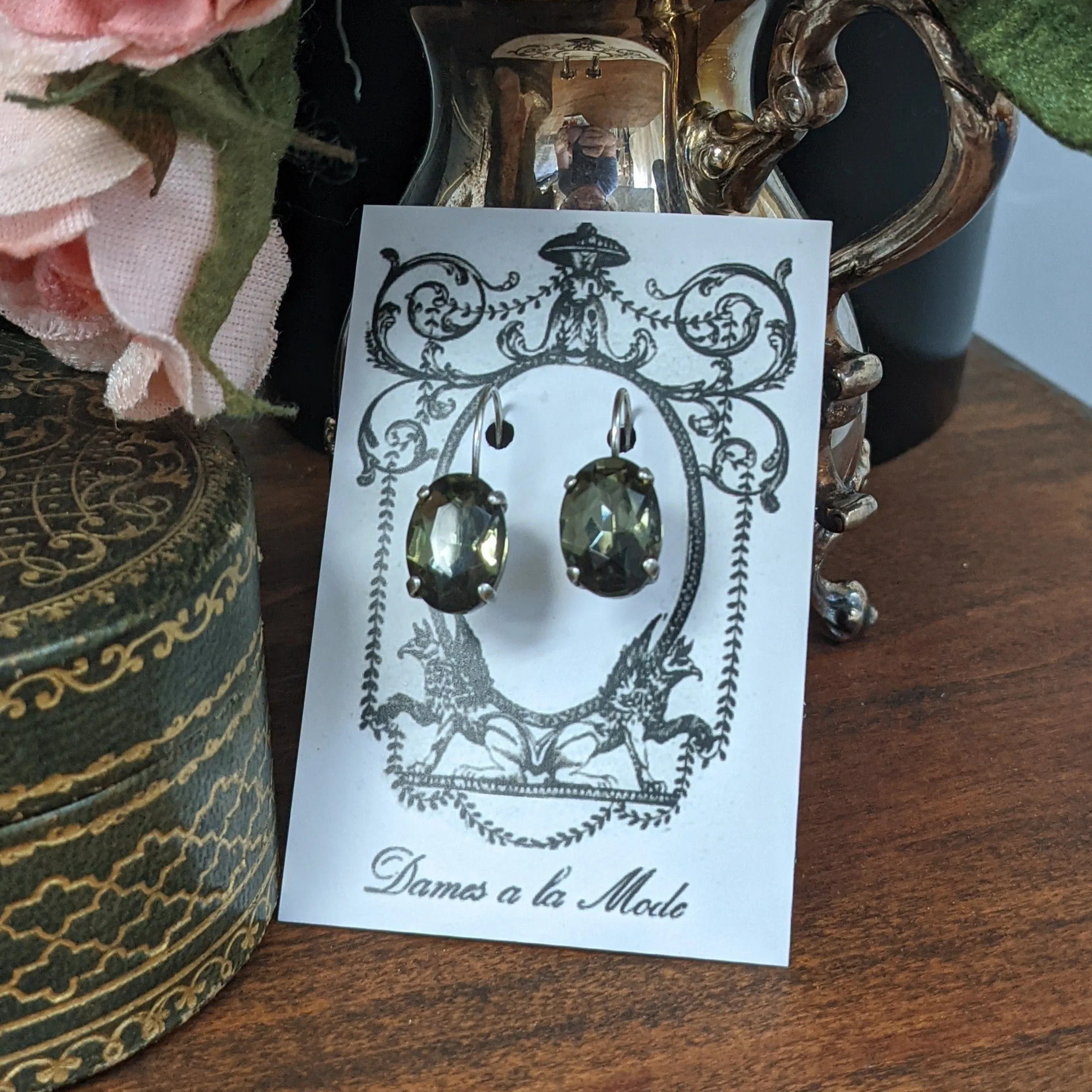 Gunmetal Grey Crystal Earrings - Medium Oval