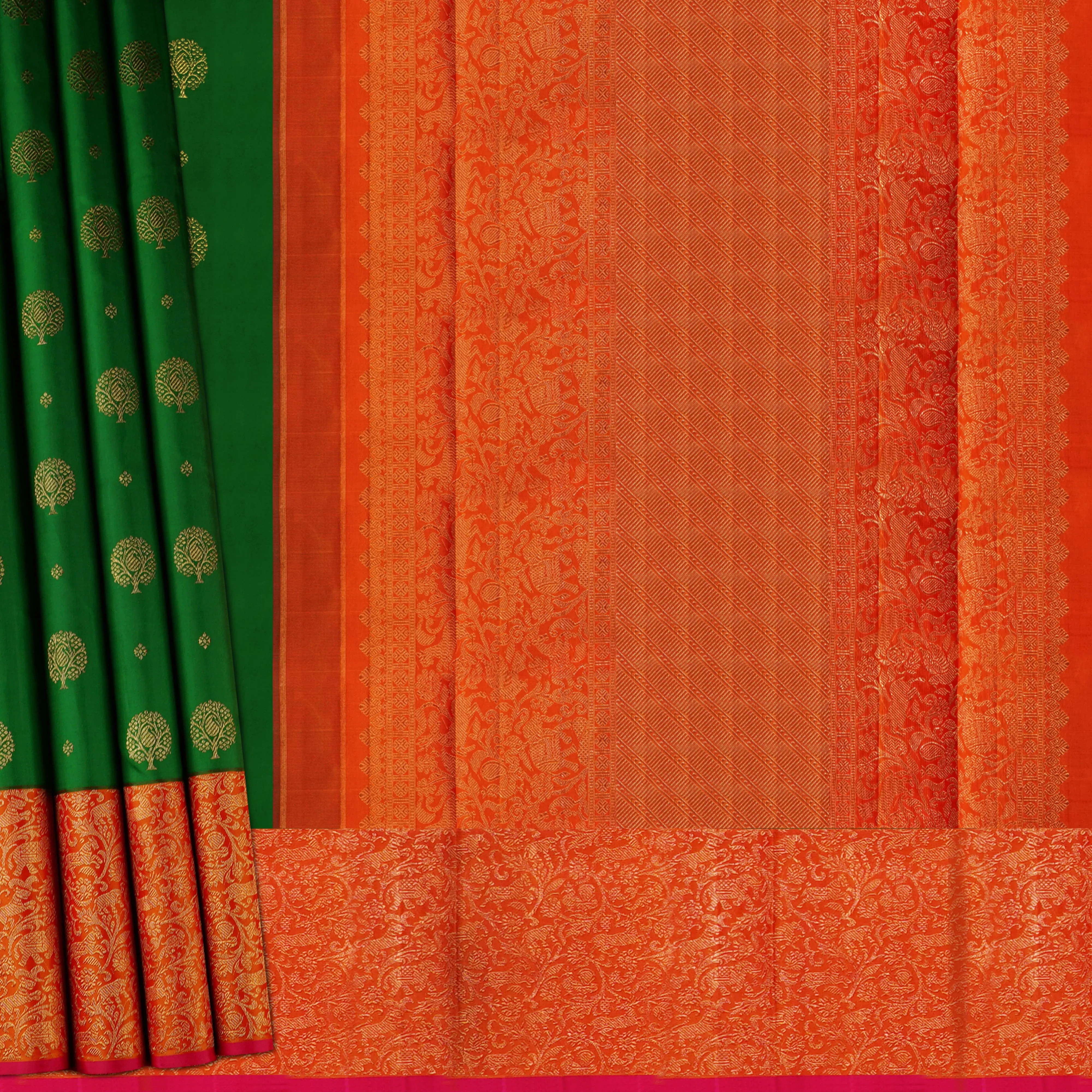 Handwoven Green with Orange Kanjivaram Silk Saree - 1868T005699DSC