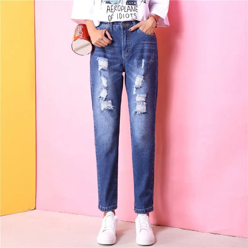 Holes High Waisted Mom Jeans Retro Solid