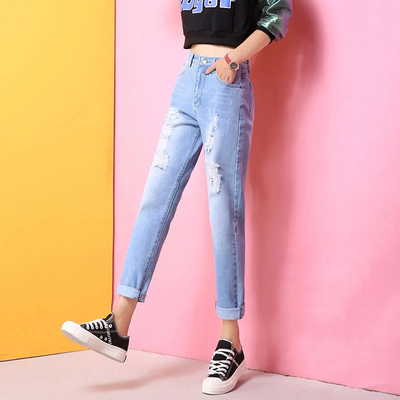 Holes High Waisted Mom Jeans Retro Solid