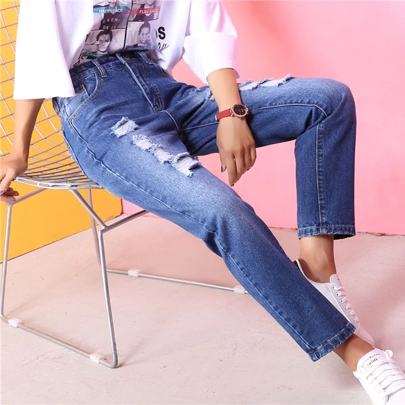 Holes High Waisted Mom Jeans Retro Solid