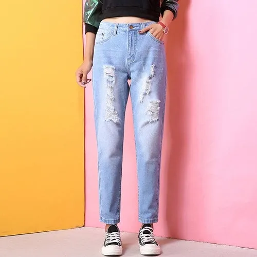 Holes High Waisted Mom Jeans Retro Solid