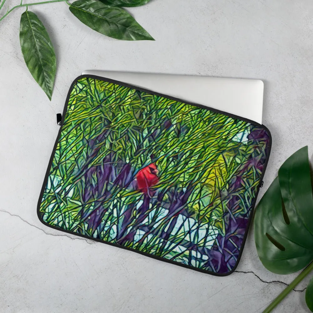 Laptop Sleeve with Spring Trees and Cardinal Artwork. Computer Travel Case with Bright Red Bird.