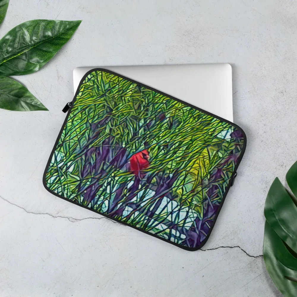 Laptop Sleeve with Spring Trees and Cardinal Artwork. Computer Travel Case with Bright Red Bird.