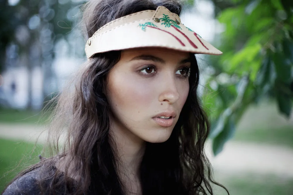 Leather Cap in Beige with Palm Tree Embroidery