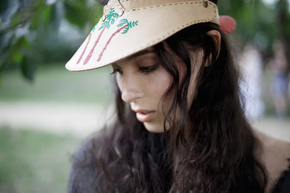 Leather Cap in Beige with Palm Tree Embroidery