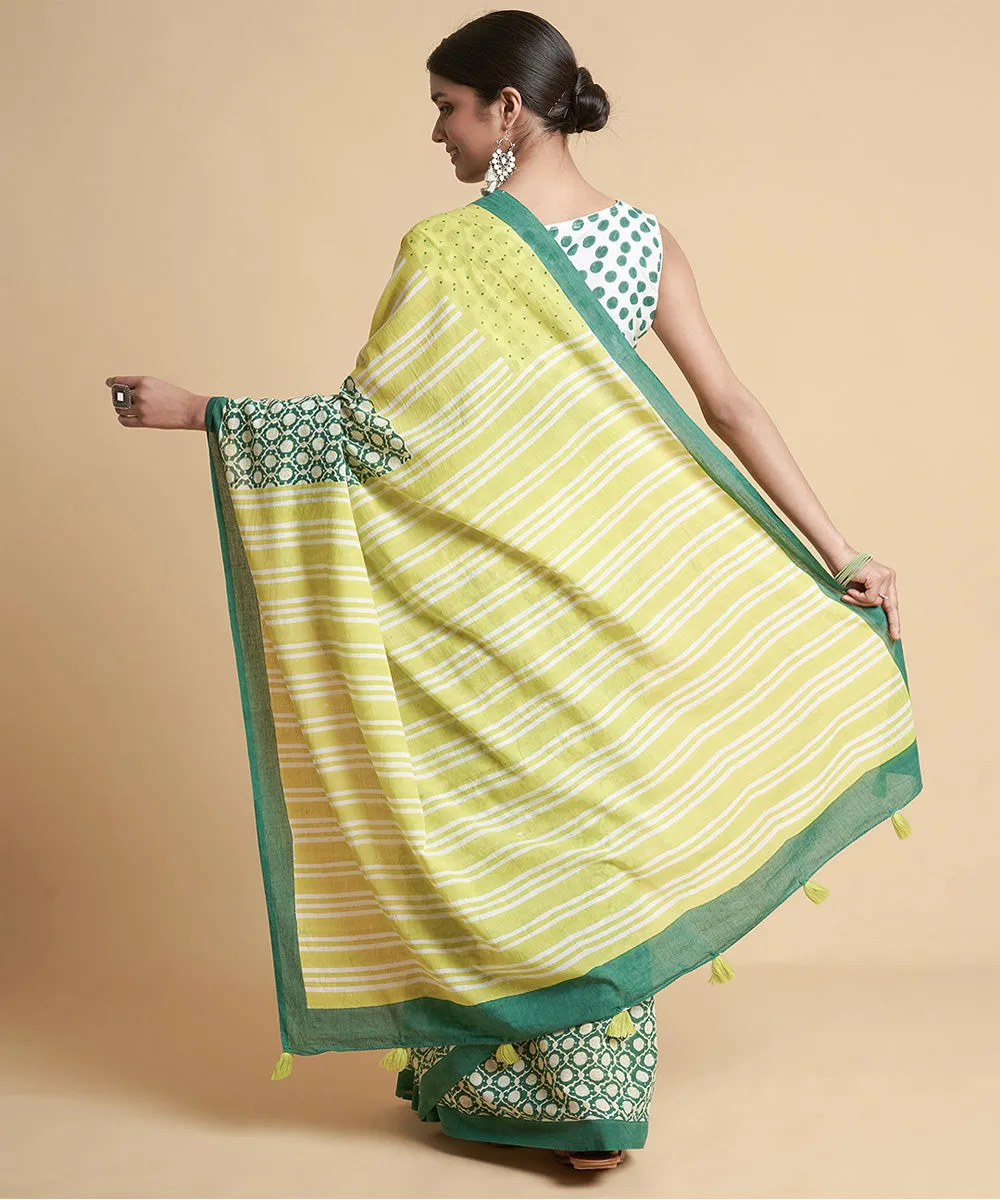 Lime green dark green cotton hand block sanganeri printed saree