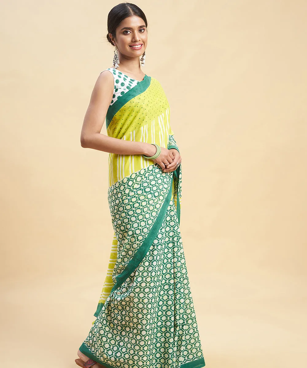 Lime green dark green cotton hand block sanganeri printed saree