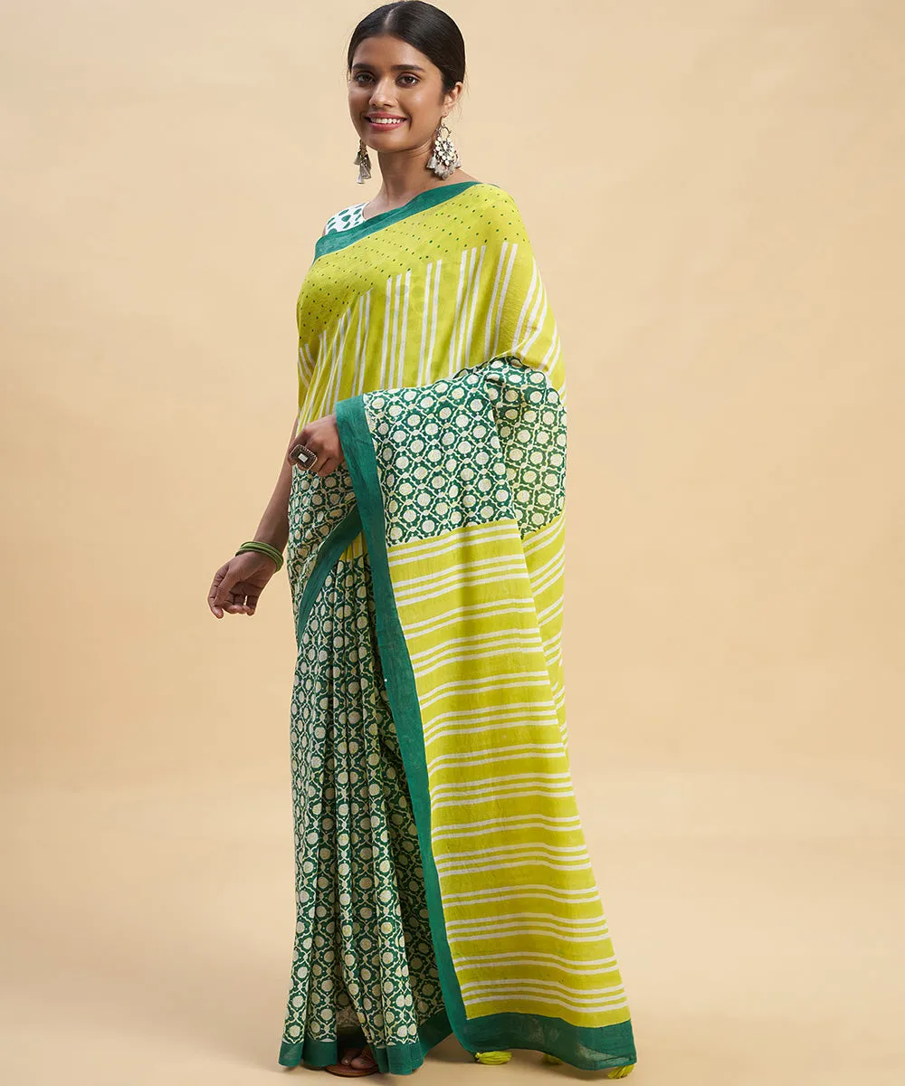 Lime green dark green cotton hand block sanganeri printed saree