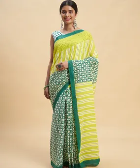 Lime green dark green cotton hand block sanganeri printed saree