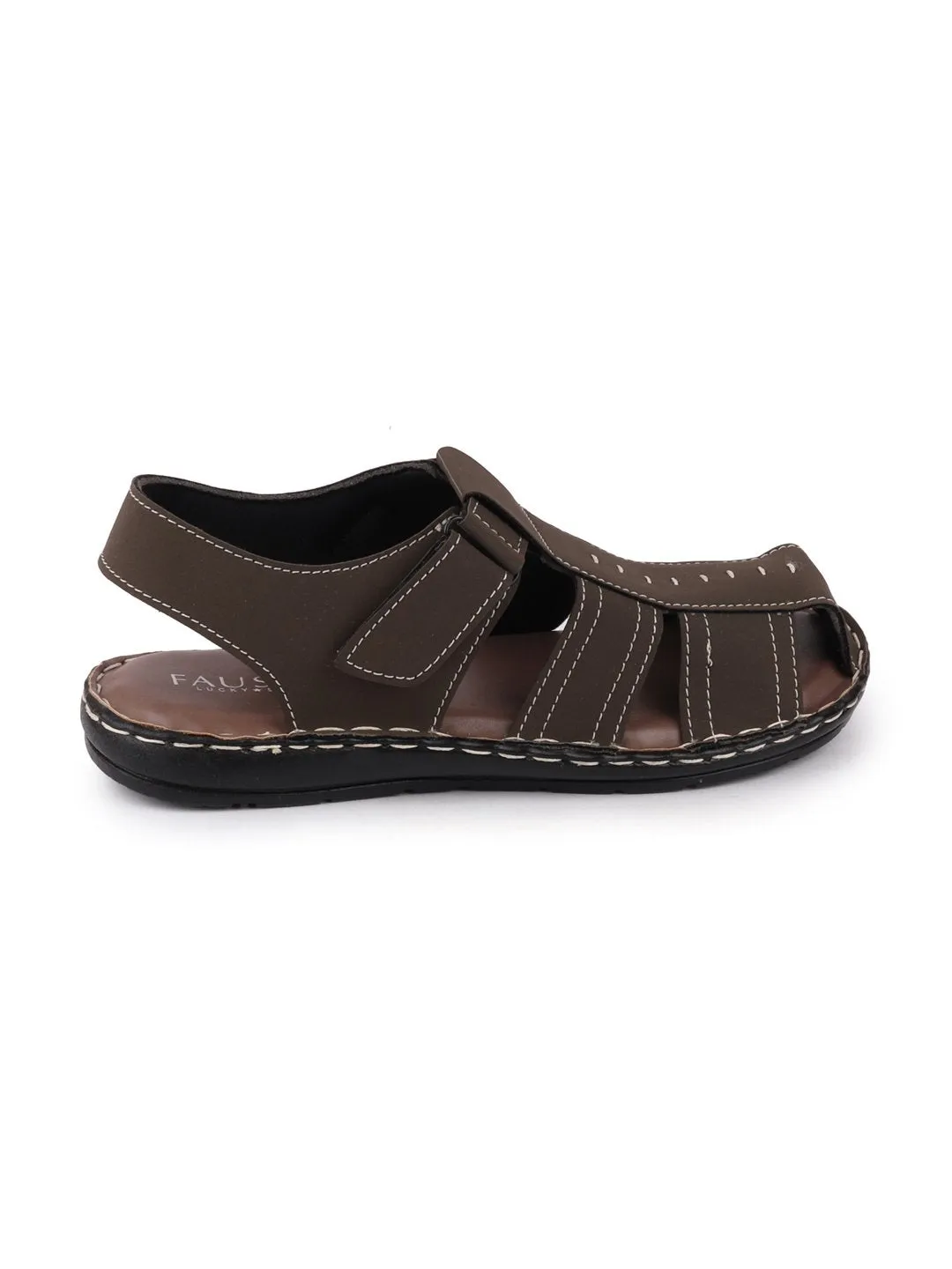 Men Brown Casual Hook & Loop Fishermen Sandals