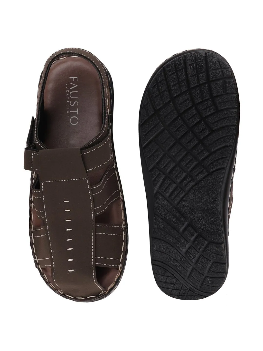 Men Brown Casual Hook & Loop Fishermen Sandals