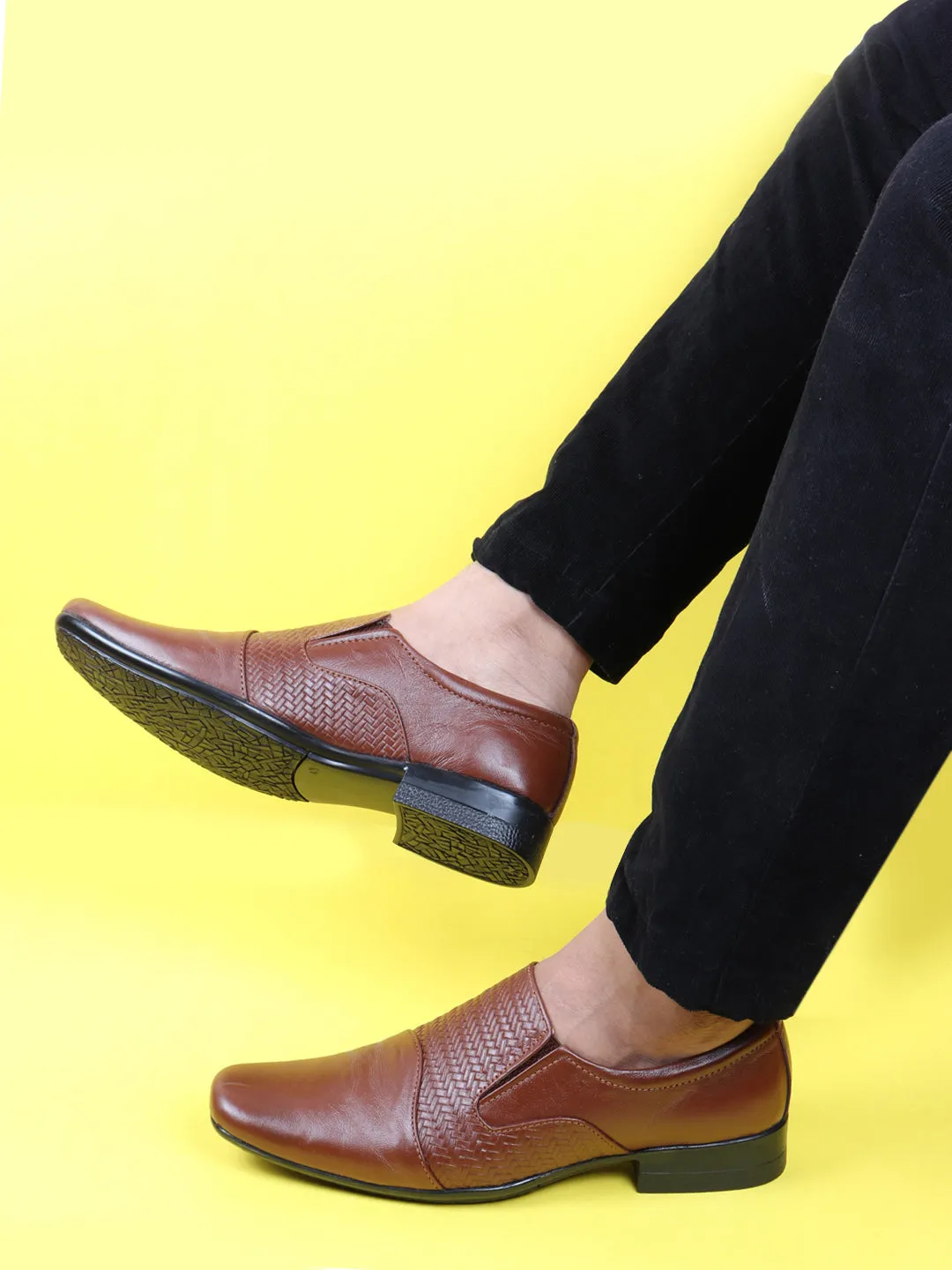 Men Tan Formal Leather Slip On Shoes