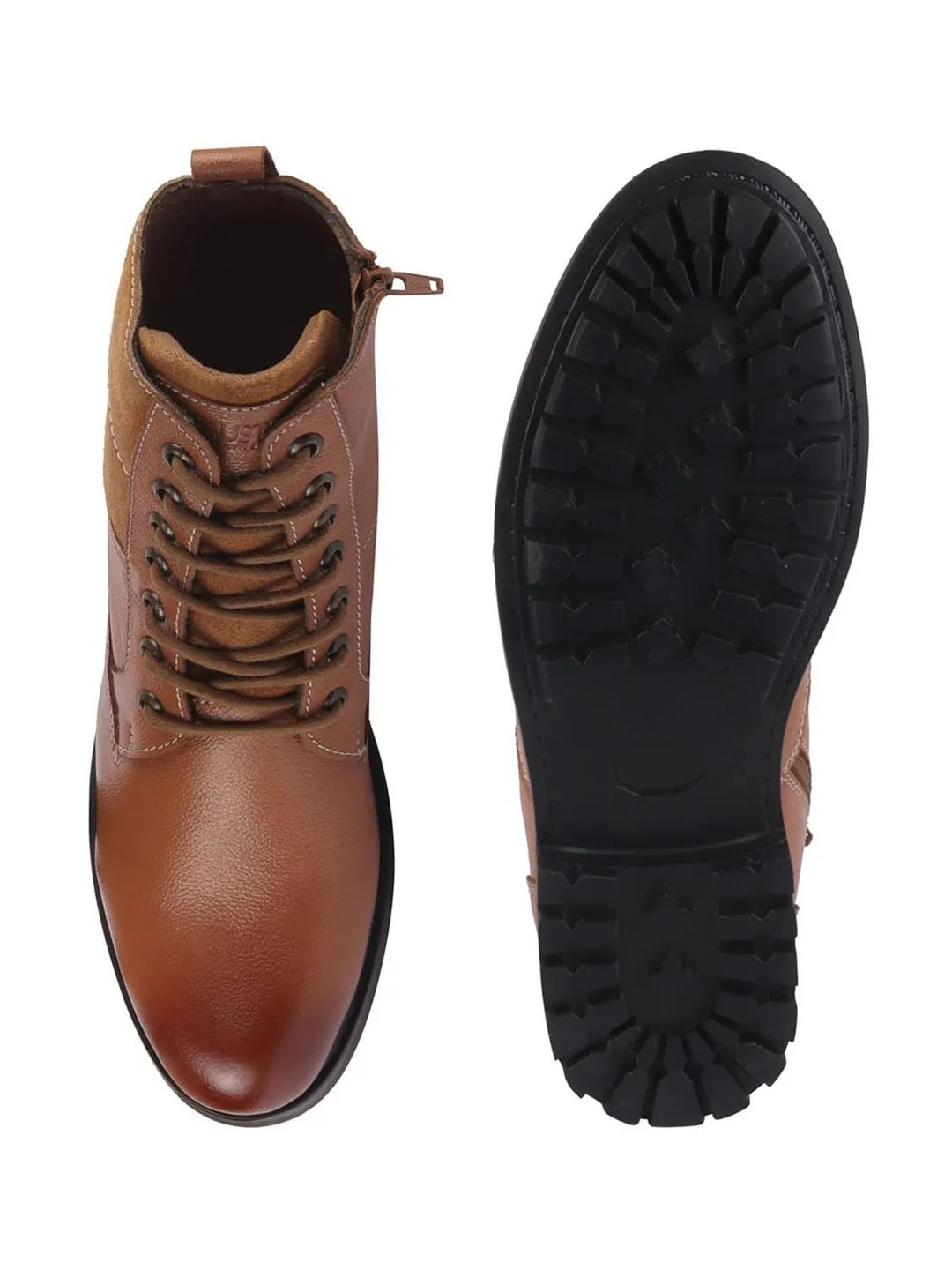 Men Tan Leather Lace Up High Top Boots