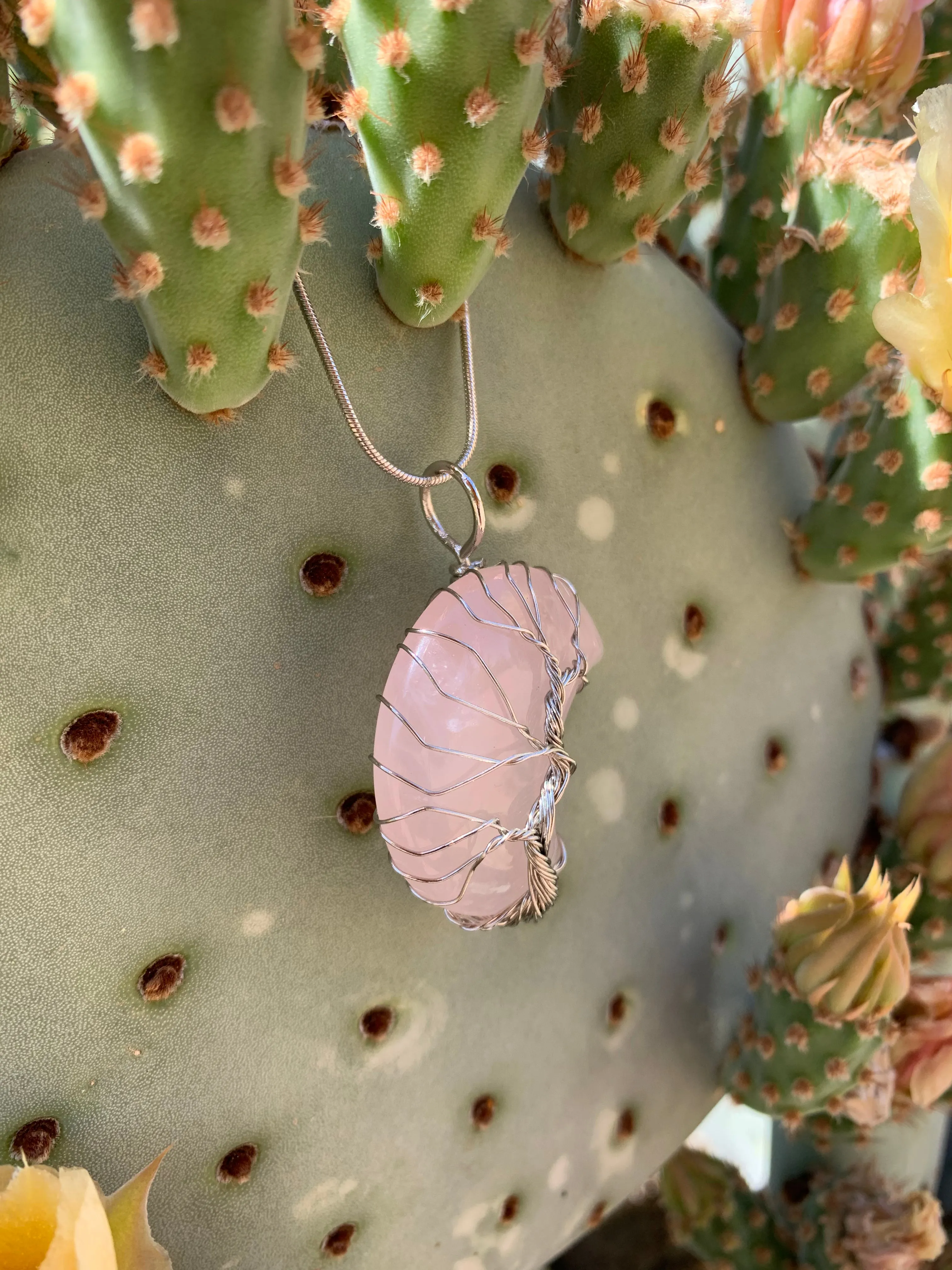 Moon Wire-wrapped Rose Quartz pendant