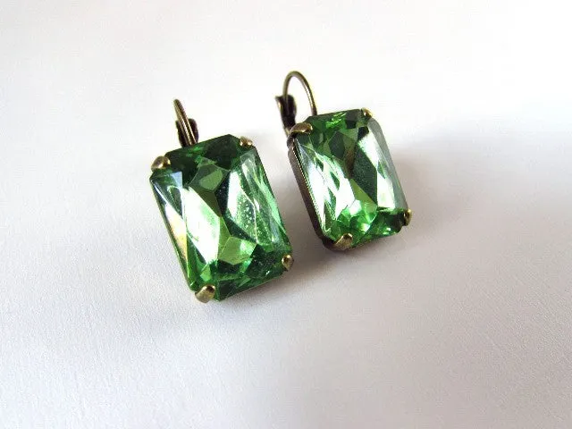 Peridot Green Crystal Earrings - Large Octagon