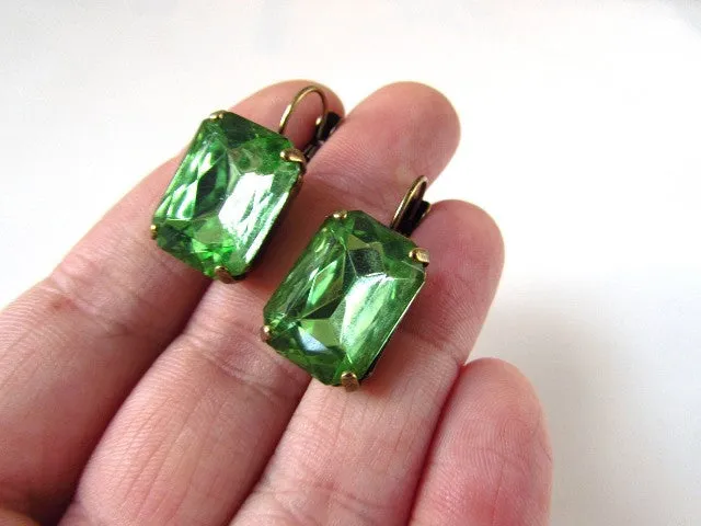 Peridot Green Crystal Earrings - Large Octagon