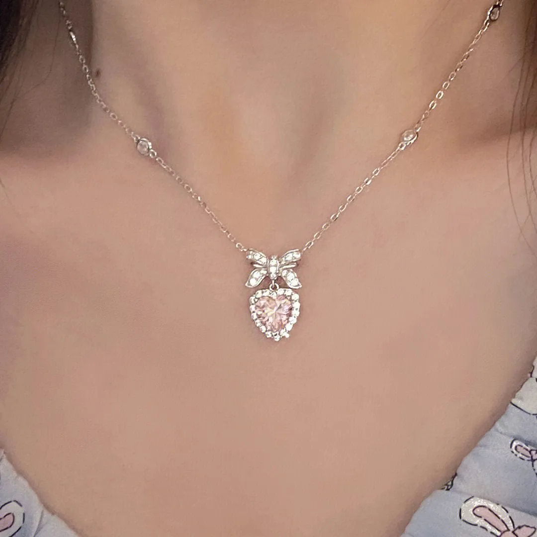 Pink Bowknot Heart Necklace W521