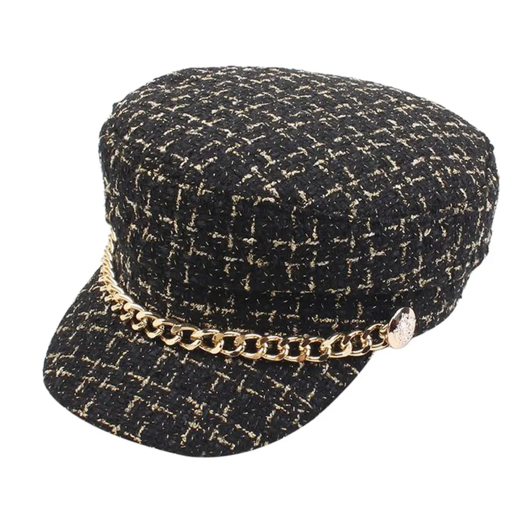 Plaid Tweed Flat Top Newsboy Cap with Chain