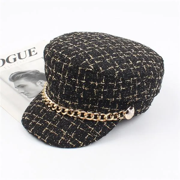 Plaid Tweed Flat Top Newsboy Cap with Chain