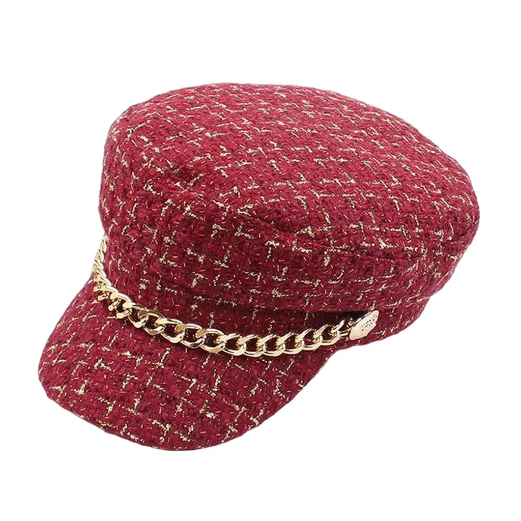 Plaid Tweed Flat Top Newsboy Cap with Chain