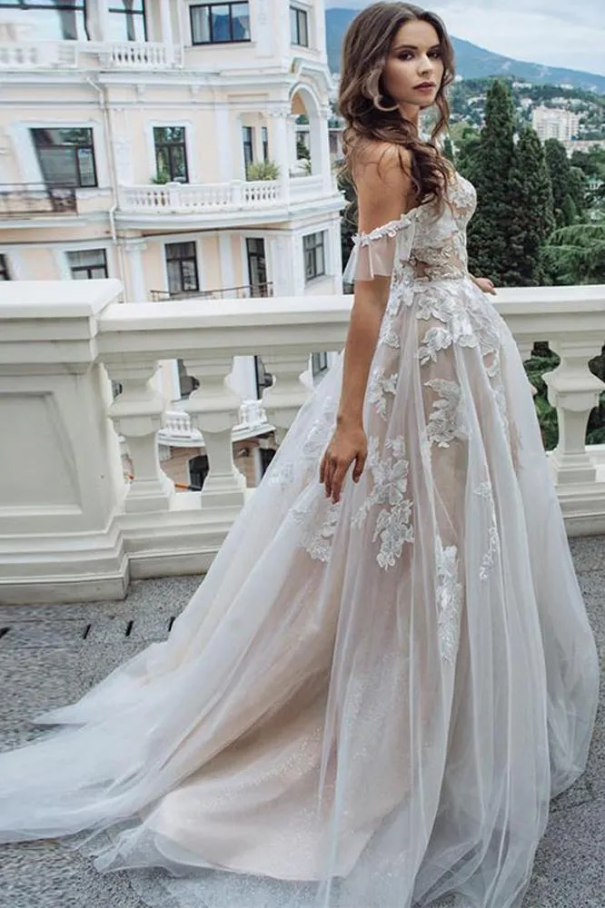 Princess A Line Off the Shoulder Sweetheart Beach Wedding Dresses with Appliques STK15585