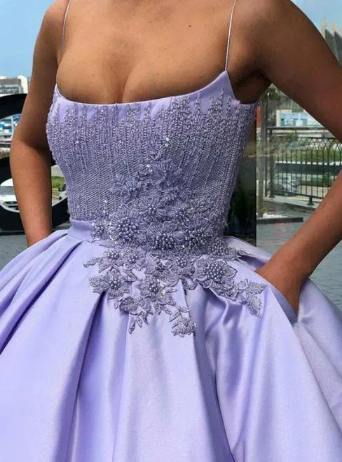 Purple Ball Gown Spaghetti Straps Satin Sweet 16 Dress With Pocket Quinceanera Dress