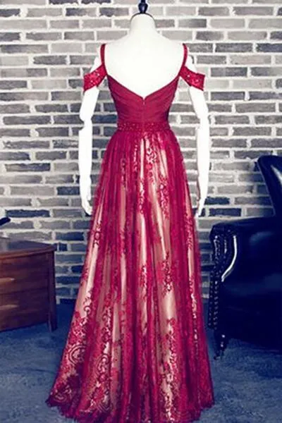 Red A-Line Sweetheart Burgundy Lace Long Off Shoulder Open Back Prom Dresses