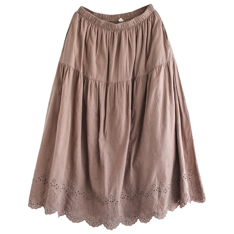 Retro Hollow Embroidery Cotton Linen A-Line Skirt