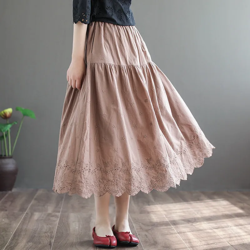 Retro Hollow Embroidery Cotton Linen A-Line Skirt