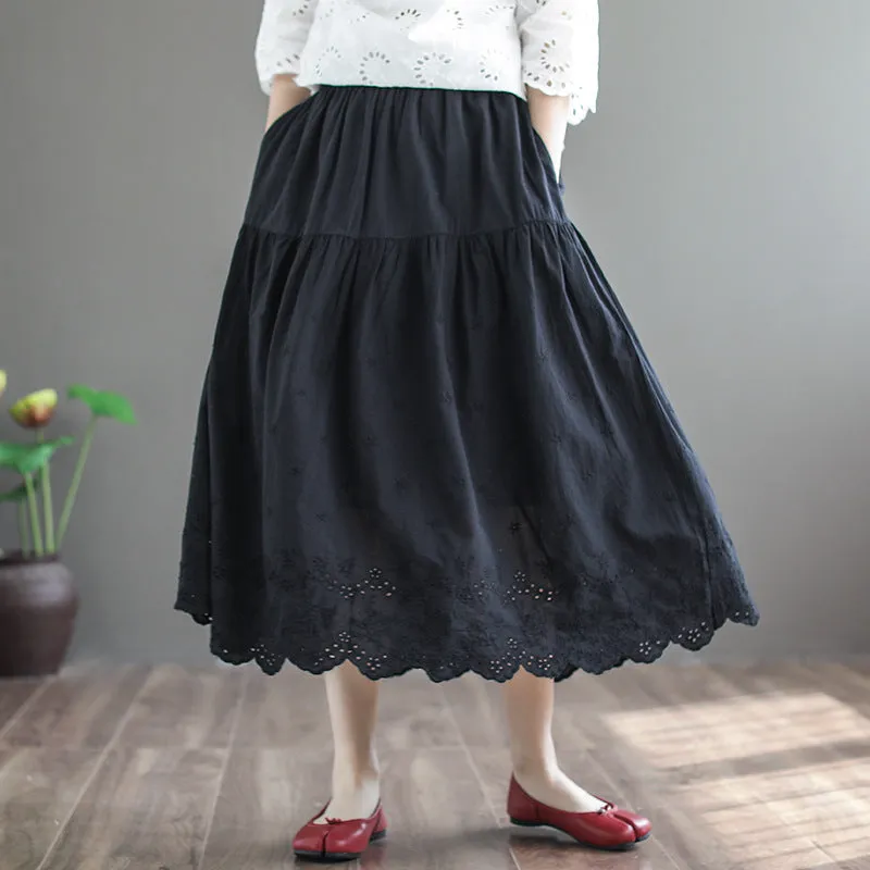 Retro Hollow Embroidery Cotton Linen A-Line Skirt