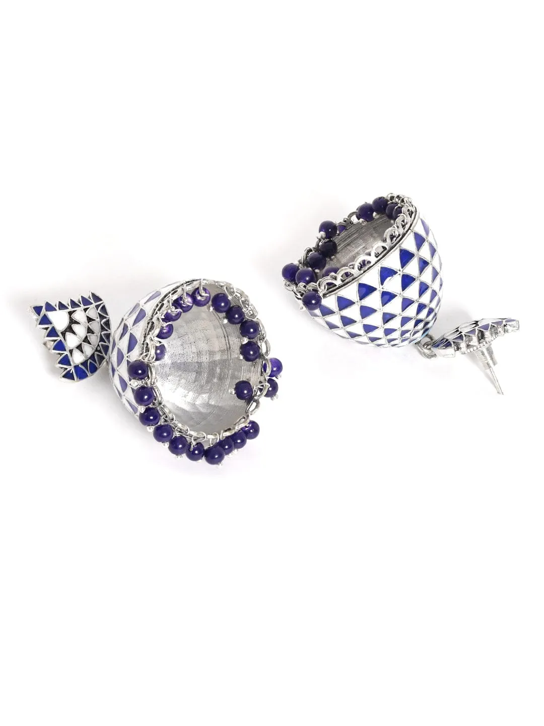 Rubans Rhodium plated blue & white enamel Jhumka Earring