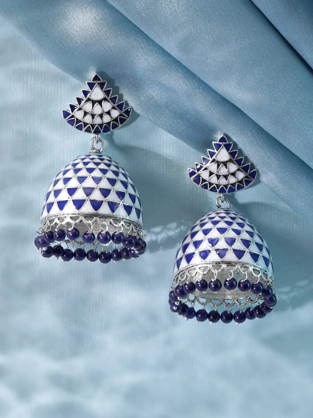 Rubans Rhodium plated blue & white enamel Jhumka Earring