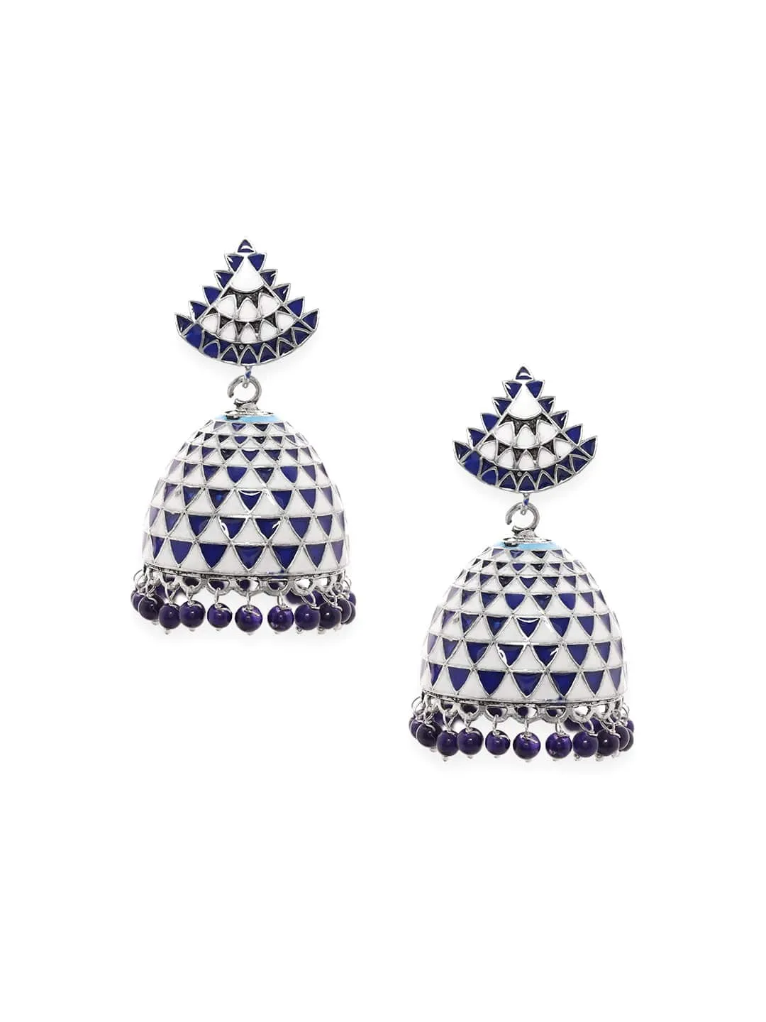 Rubans Rhodium plated blue & white enamel Jhumka Earring