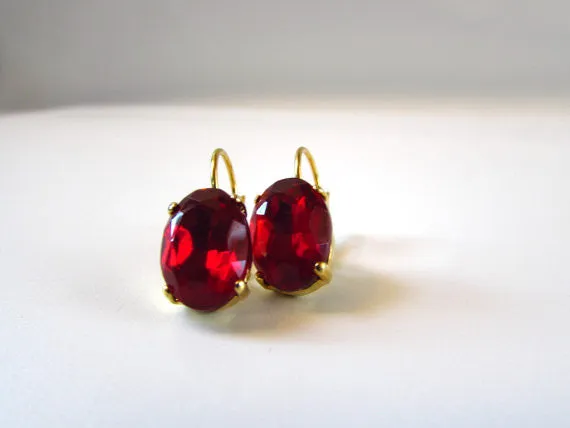 Ruby Red Crystal Earrings - Medium Oval