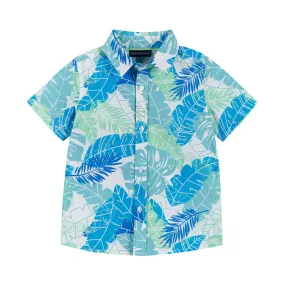 Short Sleeve Palm Leaves Print Button-Up | Blue Green