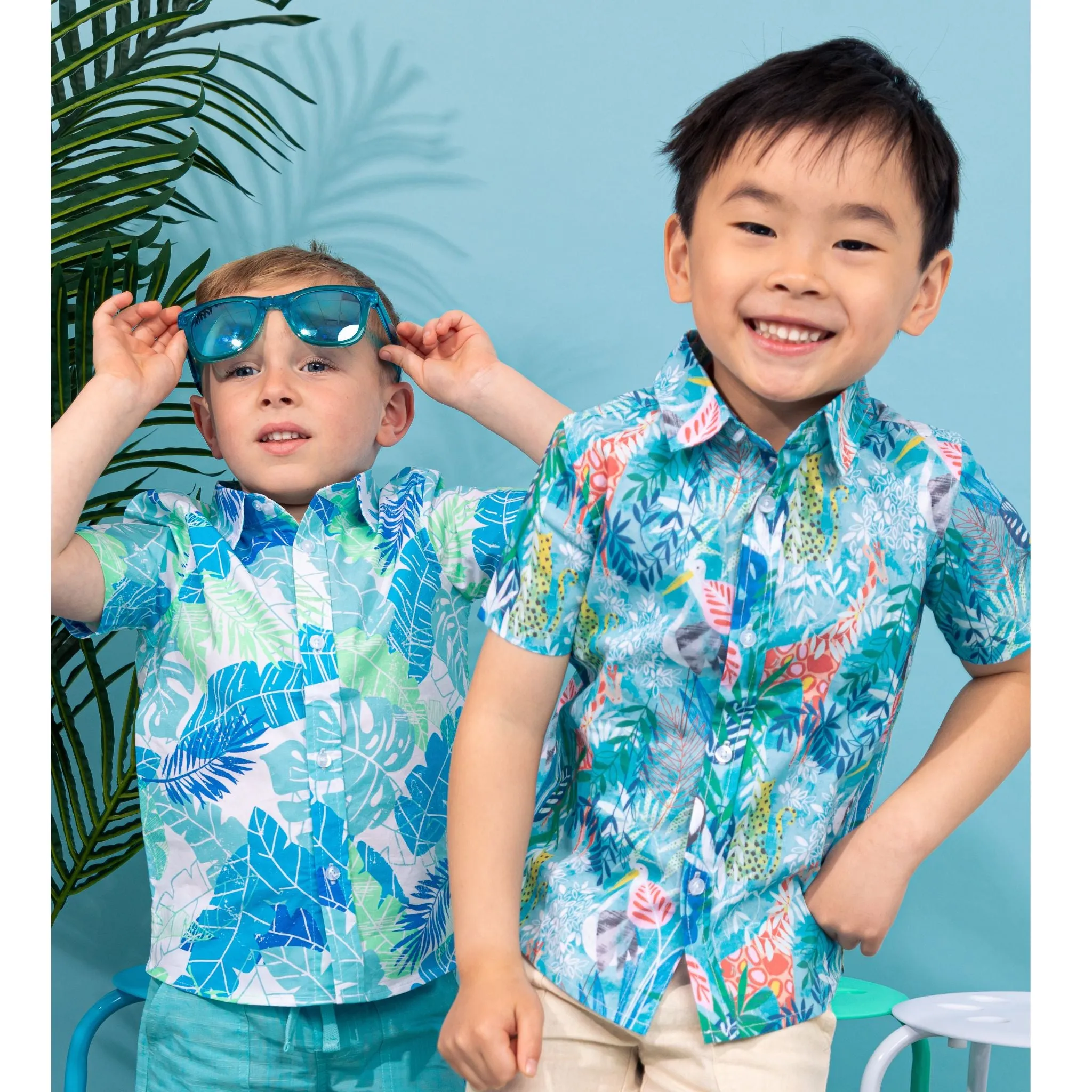 Short Sleeve Palm Leaves Print Button-Up | Blue Green