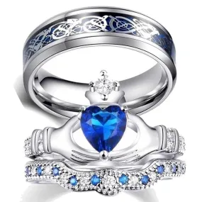 Silver Celtic Dragon Inlay and Blue Cubic Zirconia Claddagh Stainless Steel Wedding Ring Set